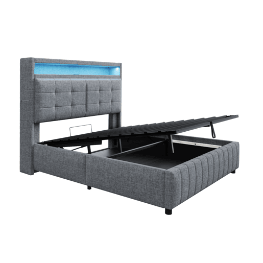 Cama contentora estofada em linho - 160x200 cm - com LED + tomada USB + estrado - Cinzento Cama contentora estofada em linho - 160x200 cm - com LED + tomada USB + estrado - Cinzento