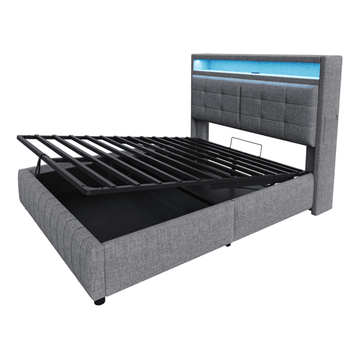 Cama contentora estofada em linho - 160x200 cm - com LED + tomada USB + estrado - Cinzento Cama contentora estofada em linho - 160x200 cm - com LED + tomada USB + estrado - Cinzento