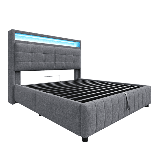 Cama contentora estofada em linho - 160x200 cm - com LED + tomada USB + estrado - Cinzento Cama contentora estofada em linho - 160x200 cm - com LED + tomada USB + estrado - Cinzento