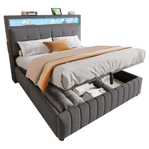 Cama contentora estofada em linho - 160x200 cm - com LED + tomada USB + estrado - Cinzento Cama contentora estofada em linho - 160x200 cm - com LED + tomada USB + estrado - Cinzento