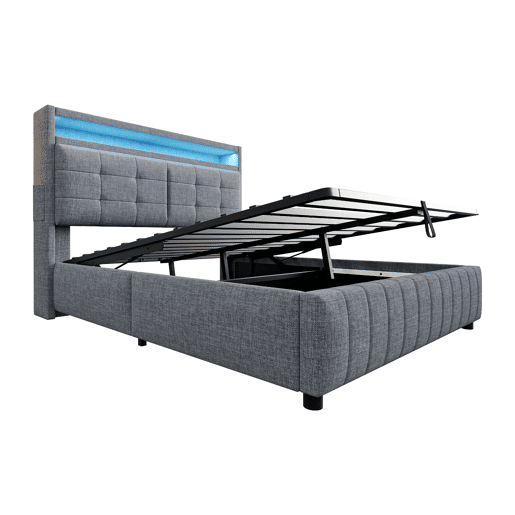 Cama contentora estofada em linho - 160x200 cm - com LED + tomada USB + estrado - Cinzento Cama contentora estofada em linho - 160x200 cm - com LED + tomada USB + estrado - Cinzento