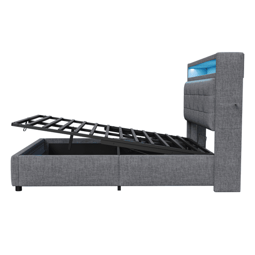 Cama contentora estofada em linho - 160x200 cm - com LED + tomada USB + estrado - Cinzento Cama contentora estofada em linho - 160x200 cm - com LED + tomada USB + estrado - Cinzento
