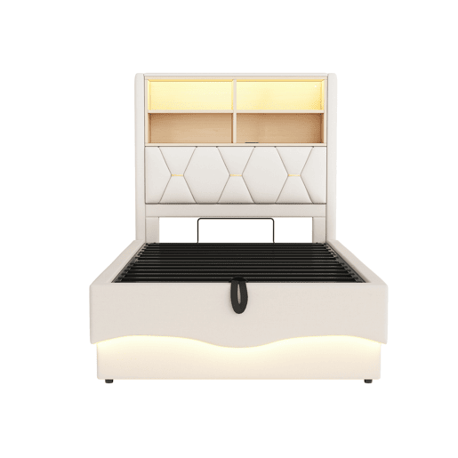 Cama infantil 90x200 cm - Armazenamento hidráulico, faixa LED controlada por app, porta USB, estrado de metal, estofado em linho - Bege Cama infantil 90x200 cm - Armazenamento hidráulico, faixa LED controlada por app, porta USB, estrado de metal, estofado em linho - Bege