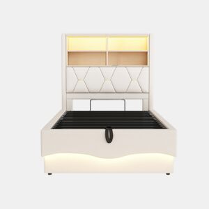 Cama infantil 90x200 cm - Armazenamento hidráulico, faixa LED controlada por app, porta USB, estrado de metal, estofado em linho - Bege