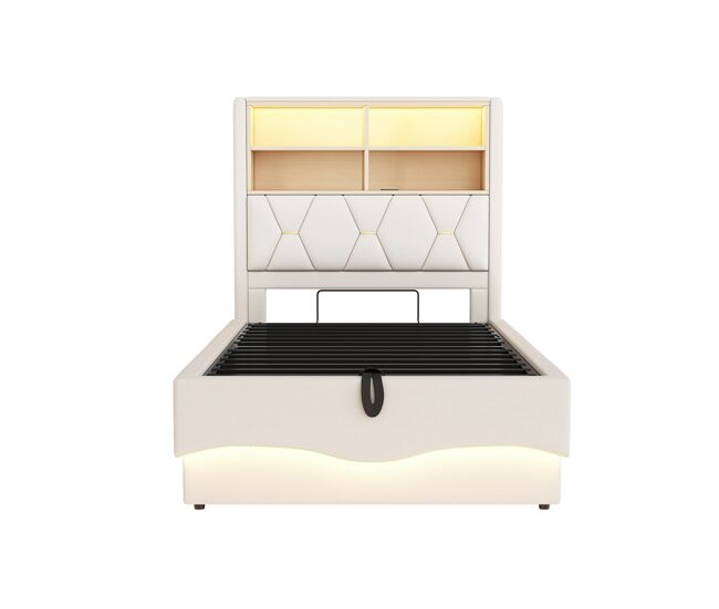 Cama infantil 90x200 cm - almacenaje hidráulico, tira led controlada por app, puerto usb, somier de metal, tapizado en lino - beige