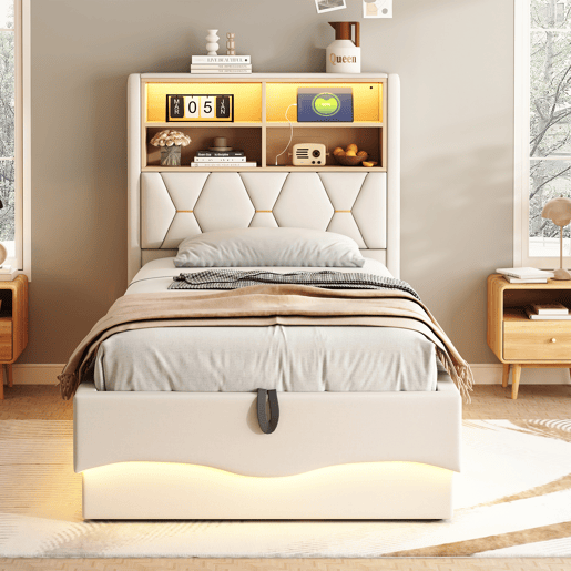 Cama infantil 90x200 cm - Armazenamento hidráulico, faixa LED controlada por app, porta USB, estrado de metal, estofado em linho - Bege Cama infantil 90x200 cm - Armazenamento hidráulico, faixa LED controlada por app, porta USB, estrado de metal, estofado em linho - Bege