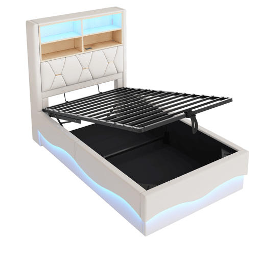 Cama infantil 90x200 cm - Armazenamento hidráulico, faixa LED controlada por app, porta USB, estrado de metal, estofado em linho - Bege Cama infantil 90x200 cm - Armazenamento hidráulico, faixa LED controlada por app, porta USB, estrado de metal, estofado em linho - Bege