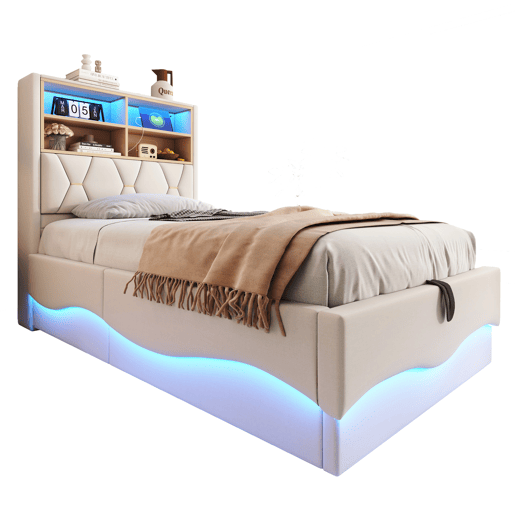 Cama infantil 90x200 cm - Armazenamento hidráulico, faixa LED controlada por app, porta USB, estrado de metal, estofado em linho - Bege Cama infantil 90x200 cm - Armazenamento hidráulico, faixa LED controlada por app, porta USB, estrado de metal, estofado em linho - Bege