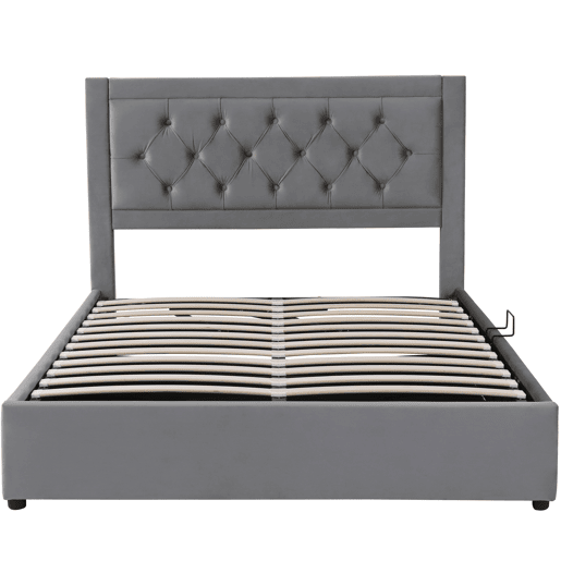 Cama estofada 140*200 - com arrumação, cabeceira acolchoada, estilo Chesterfield - cinzento Cama estofada 140*200 - com arrumação, cabeceira acolchoada, estilo Chesterfield - cinzento