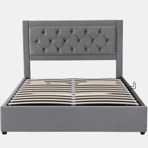 Cama estofada 140*200 - com arrumação, cabeceira acolchoada, estilo Chesterfield - cinzento