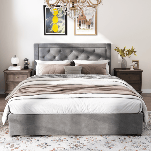 Cama estofada 140*200 - com arrumação, cabeceira acolchoada, estilo Chesterfield - cinzento Cama estofada 140*200 - com arrumação, cabeceira acolchoada, estilo Chesterfield - cinzento