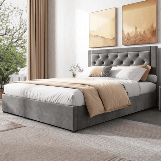 Cama estofada 140*200 - com arrumação, cabeceira acolchoada, estilo Chesterfield - cinzento Cama estofada 140*200 - com arrumação, cabeceira acolchoada, estilo Chesterfield - cinzento
