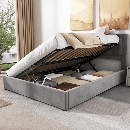 Cama estofada 140*200 - com arrumação, cabeceira acolchoada, estilo Chesterfield - cinzento Cama estofada 140*200 - com arrumação, cabeceira acolchoada, estilo Chesterfield - cinzento