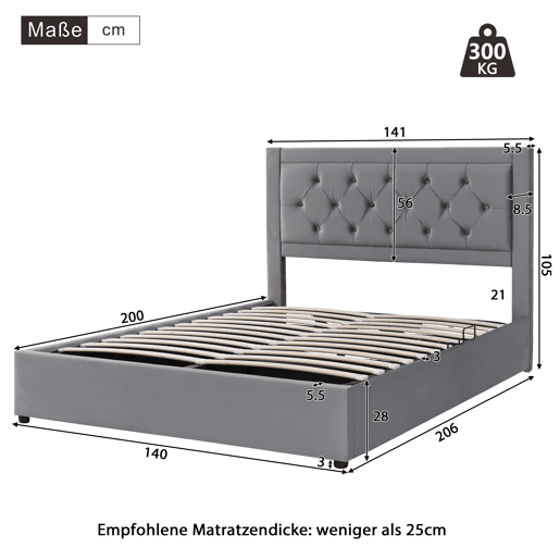 Cama estofada 140*200 - com arrumação, cabeceira acolchoada, estilo Chesterfield - cinzento Cama estofada 140*200 - com arrumação, cabeceira acolchoada, estilo Chesterfield - cinzento