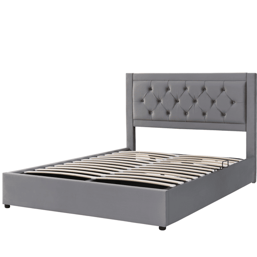 Cama estofada 140*200 - com arrumação, cabeceira acolchoada, estilo Chesterfield - cinzento Cama estofada 140*200 - com arrumação, cabeceira acolchoada, estilo Chesterfield - cinzento