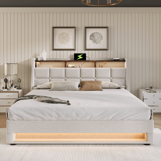 Cama estofada 140x200cm - Cama LED com USB, com estrado de metal, estrutura de linho, cama juvenil (com colchão) - Bege