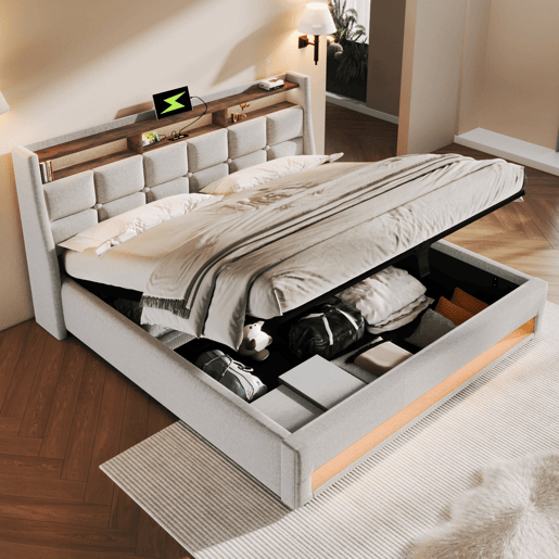 Cama estofada 140x200cm - Cama LED com USB, com estrado de metal, estrutura de linho, cama juvenil (com colchão) - Bege