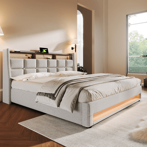 Cama estofada 140x200cm - Cama LED com USB, com estrado de metal, estrutura de linho, cama juvenil (com colchão) - Bege