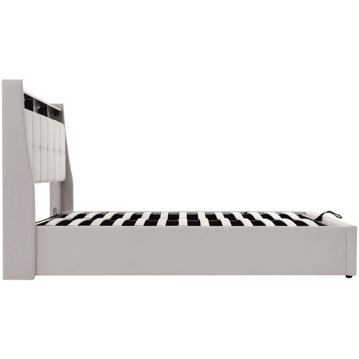 Cama estofada 140x200cm - Cama LED com USB, com estrado de metal, estrutura de linho, cama juvenil (com colchão) - Bege