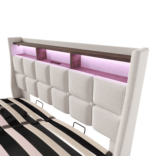 Cama estofada 140x200cm - Cama LED com USB, com estrado de metal, estrutura de linho, cama juvenil (com colchão) - Bege