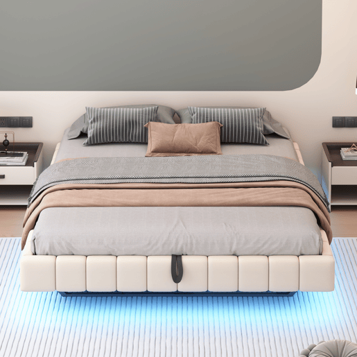 Cama estofada 180x200 cm - Estrutura flutuante hidráulica com arrumação, cama multifuncional sem cabeceira com luz LED - Bege Cama estofada 180x200 cm - Estrutura flutuante hidráulica com arrumação, cama multifuncional sem cabeceira com luz LED - Bege