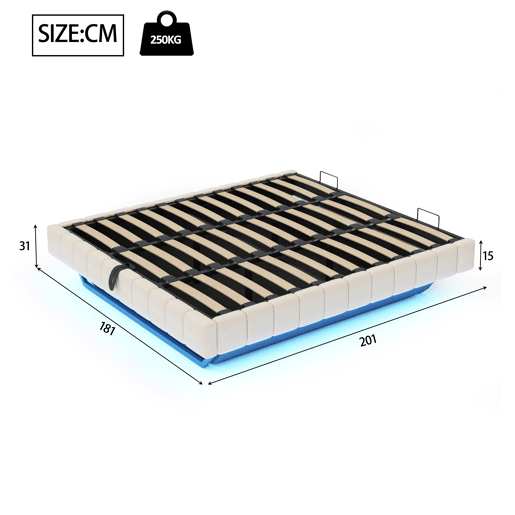 Cama estofada 180x200 cm - Estrutura flutuante hidráulica com arrumação, cama multifuncional sem cabeceira com luz LED - Bege Cama estofada 180x200 cm - Estrutura flutuante hidráulica com arrumação, cama multifuncional sem cabeceira com luz LED - Bege