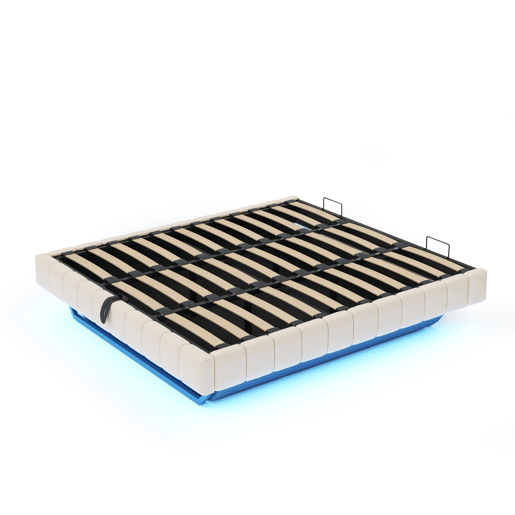 Cama estofada 180x200 cm - Estrutura flutuante hidráulica com arrumação, cama multifuncional sem cabeceira com luz LED - Bege Cama estofada 180x200 cm - Estrutura flutuante hidráulica com arrumação, cama multifuncional sem cabeceira com luz LED - Bege