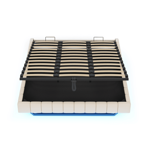 Cama estofada 180x200 cm - Estrutura flutuante hidráulica com arrumação, cama multifuncional sem cabeceira com luz LED - Bege Cama estofada 180x200 cm - Estrutura flutuante hidráulica com arrumação, cama multifuncional sem cabeceira com luz LED - Bege