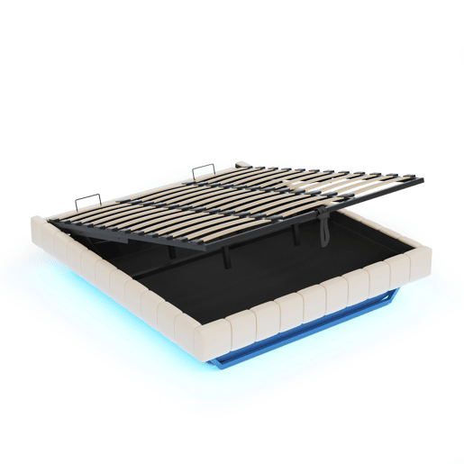 Cama estofada 180x200 cm - Estrutura flutuante hidráulica com arrumação, cama multifuncional sem cabeceira com luz LED - Bege Cama estofada 180x200 cm - Estrutura flutuante hidráulica com arrumação, cama multifuncional sem cabeceira com luz LED - Bege