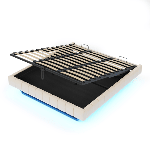 Cama estofada 180x200 cm - Estrutura flutuante hidráulica com arrumação, cama multifuncional sem cabeceira com luz LED - Bege Cama estofada 180x200 cm - Estrutura flutuante hidráulica com arrumação, cama multifuncional sem cabeceira com luz LED - Bege