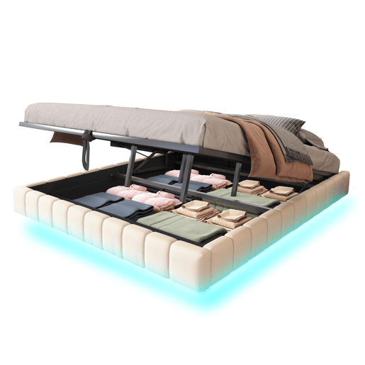 Cama estofada 180x200 cm - Estrutura flutuante hidráulica com arrumação, cama multifuncional sem cabeceira com luz LED - Bege Cama estofada 180x200 cm - Estrutura flutuante hidráulica com arrumação, cama multifuncional sem cabeceira com luz LED - Bege