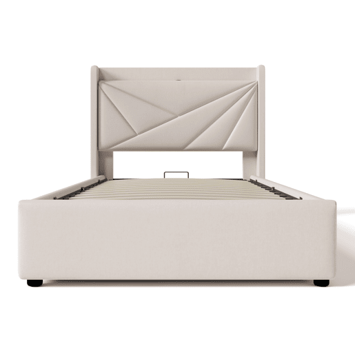 Cama contentora em tecido de linho 90x200 cm - com porta USB e estrado - Bege