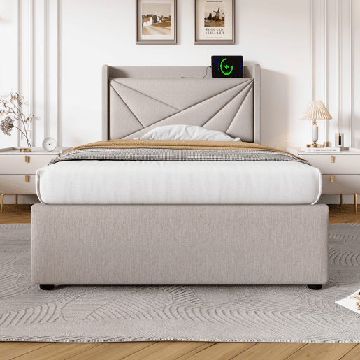 Cama contentora em tecido de linho 90x200 cm - com porta USB e estrado - Bege