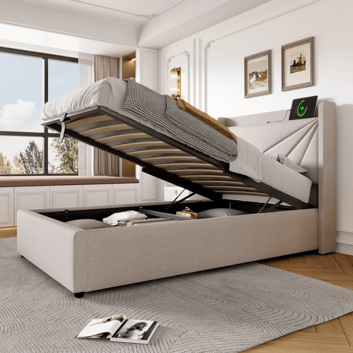 Cama contentora em tecido de linho 90x200 cm - com porta USB e estrado - Bege