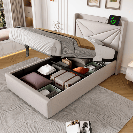 Cama contentora em tecido de linho 90x200 cm - com porta USB e estrado - Bege