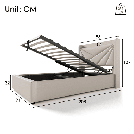 Cama contentora em tecido de linho 90x200 cm - com porta USB e estrado - Bege