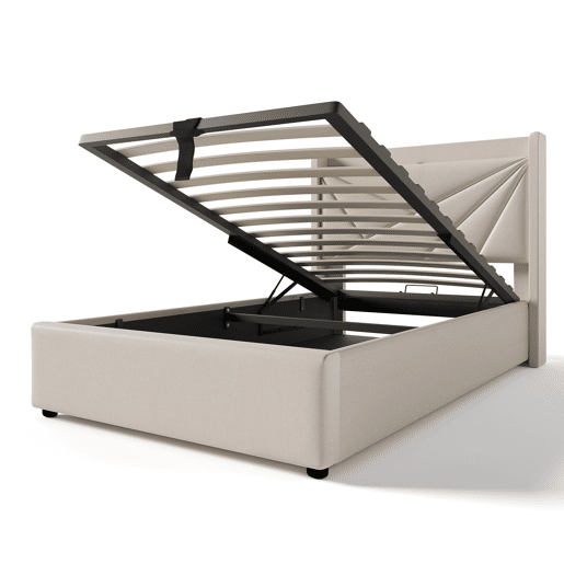 Cama contentora em tecido de linho 90x200 cm - com porta USB e estrado - Bege