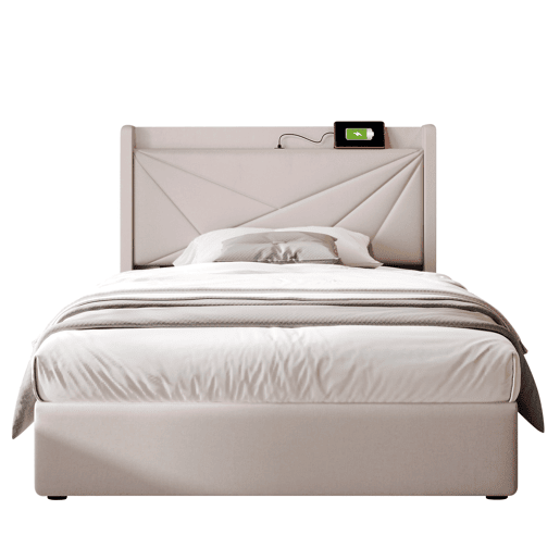 Cama contentora em tecido de linho 90x200 cm - com porta USB e estrado - Bege