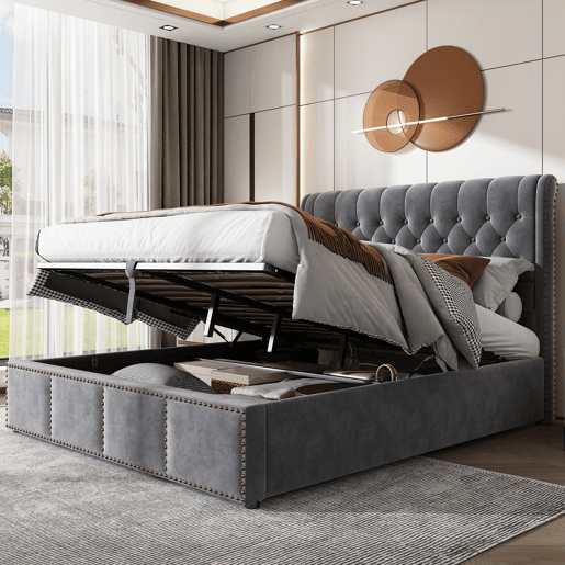 Cama para contentores estofada em veludo - decorada com rebites - com estrado de ripas - 160x200cm - Cinzento Cama para contentores estofada em veludo - decorada com rebites - com estrado de ripas - 160x200cm - Cinzento