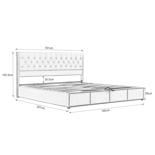 Cama para contentores estofada em veludo - decorada com rebites - com estrado de ripas - 160x200cm - Cinzento Cama para contentores estofada em veludo - decorada com rebites - com estrado de ripas - 160x200cm - Cinzento