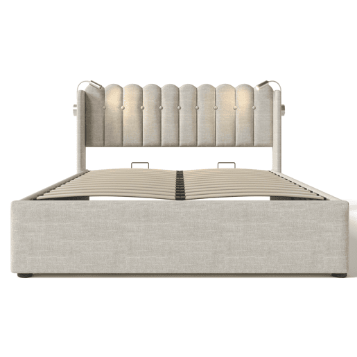 Cama contentora estofada com LED e portas de carregamento USB - 140x200cm - tecido de linho - com estrado de molas - Bege Cama contentora estofada com LED e portas de carregamento USB - 140x200cm - tecido de linho - com estrado de molas - Bege