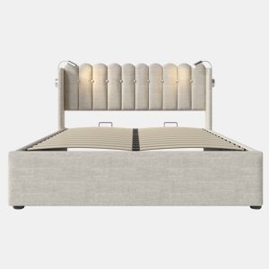 Cama contentora estofada com LED e portas de carregamento USB - 140x200cm - tecido de linho - com estrado de molas - Bege