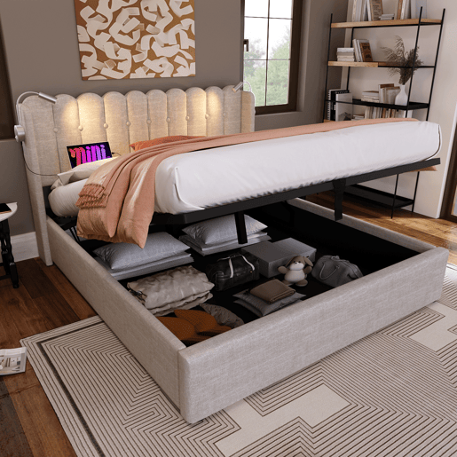 Cama contentora estofada com LED e portas de carregamento USB - 140x200cm - tecido de linho - com estrado de molas - Bege Cama contentora estofada com LED e portas de carregamento USB - 140x200cm - tecido de linho - com estrado de molas - Bege