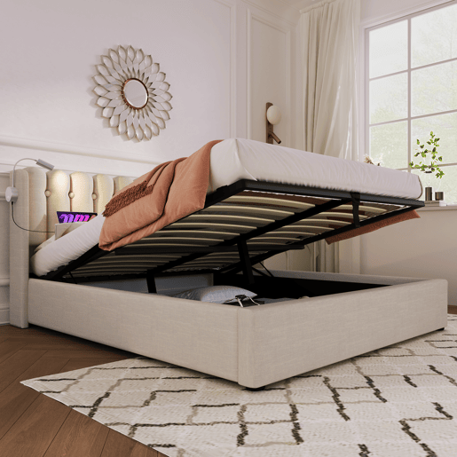 Cama contentora estofada com LED e portas de carregamento USB - 140x200cm - tecido de linho - com estrado de molas - Bege Cama contentora estofada com LED e portas de carregamento USB - 140x200cm - tecido de linho - com estrado de molas - Bege