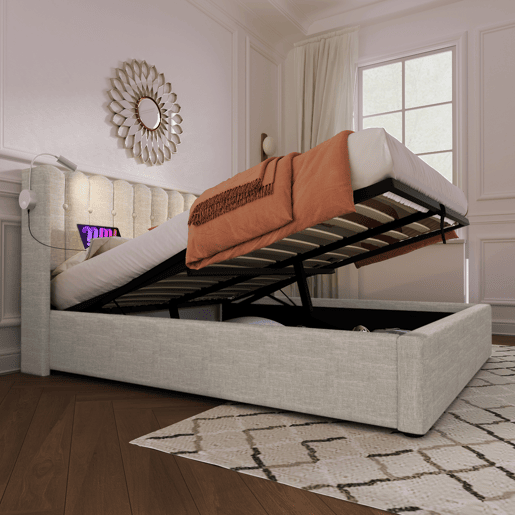 Cama contentora estofada com LED e portas de carregamento USB - 140x200cm - tecido de linho - com estrado de molas - Bege Cama contentora estofada com LED e portas de carregamento USB - 140x200cm - tecido de linho - com estrado de molas - Bege