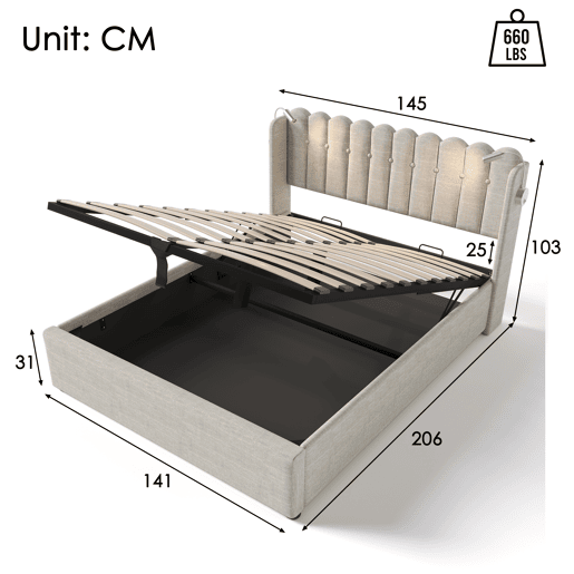 Cama contentora estofada com LED e portas de carregamento USB - 140x200cm - tecido de linho - com estrado de molas - Bege Cama contentora estofada com LED e portas de carregamento USB - 140x200cm - tecido de linho - com estrado de molas - Bege