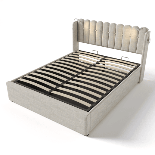 Cama contentora estofada com LED e portas de carregamento USB - 140x200cm - tecido de linho - com estrado de molas - Bege Cama contentora estofada com LED e portas de carregamento USB - 140x200cm - tecido de linho - com estrado de molas - Bege