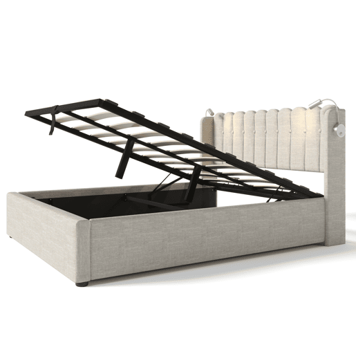 Cama contentora estofada com LED e portas de carregamento USB - 140x200cm - tecido de linho - com estrado de molas - Bege Cama contentora estofada com LED e portas de carregamento USB - 140x200cm - tecido de linho - com estrado de molas - Bege