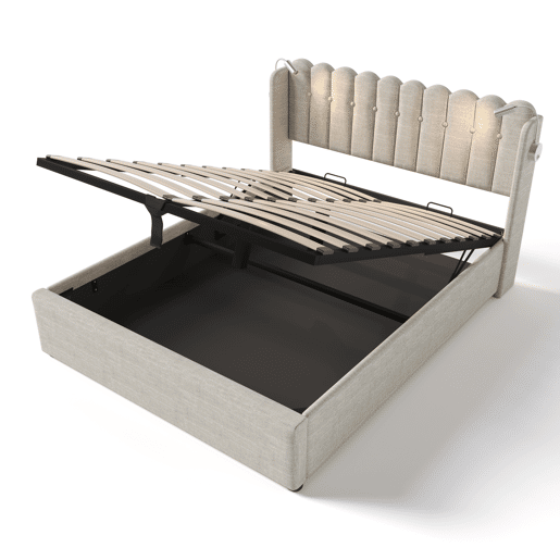 Cama contentora estofada com LED e portas de carregamento USB - 140x200cm - tecido de linho - com estrado de molas - Bege Cama contentora estofada com LED e portas de carregamento USB - 140x200cm - tecido de linho - com estrado de molas - Bege