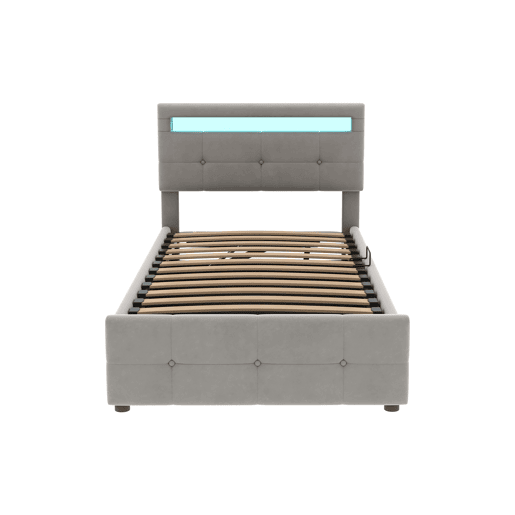 Contentor-cama 90x200 cm estofado em veludo - com LED e estrado - Cinzento